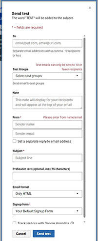 Pop-up screen to send a test email